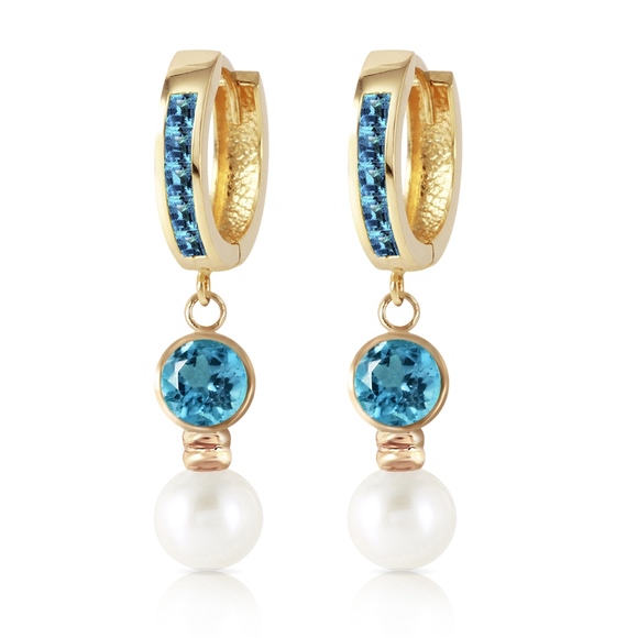 14K. GOLD HUGGIE EARRING WITH PEARLS & BLUE TOPAZ - Picture 2 of 2